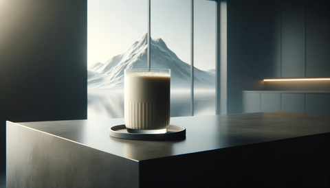 a single cup filled with a creamy protein drink, perfectly placed on a sleek and modern countertop