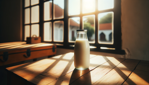 a clear glass bottle filled with phosphatidylserine goat milk placed on a wooden table inside a room