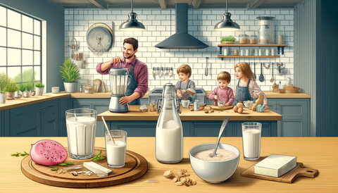 enjoying organic goat milk in various ways. The image depicts a modern, high-end kitchen scene with a family using organic goat milk for different culinary purposes, such as making smoothies, enjoying it with cereal, and preparing goat cheese.