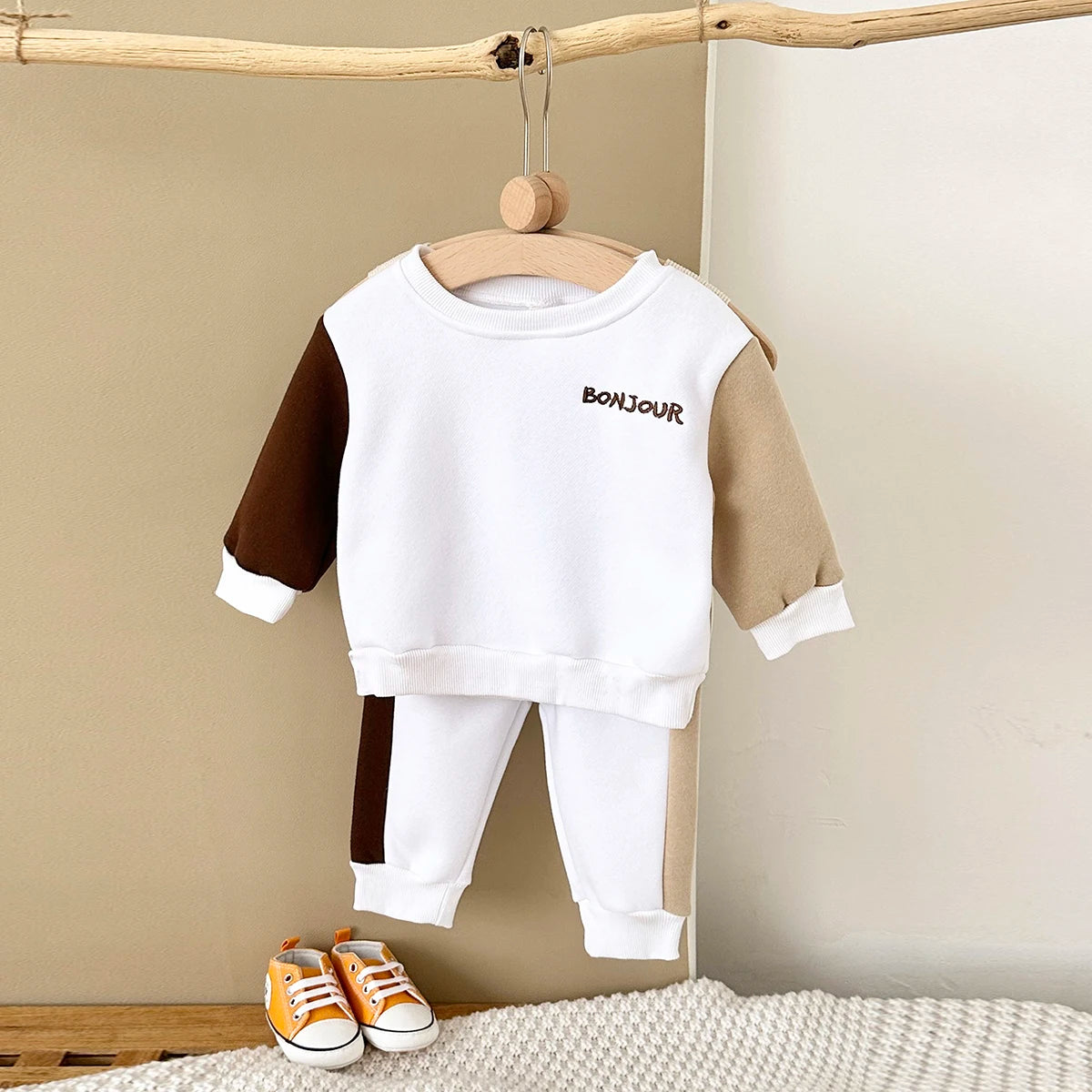 Warm Bonjour Print Cotton Blend Baby Girls Tracksuits