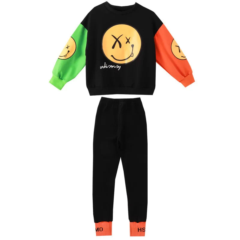 Letter Print Smiley Face Pullover and Joggers