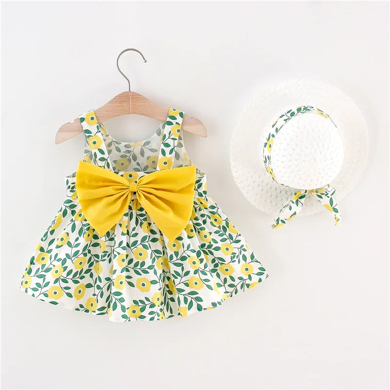 Floral Bowknot Sleeveless Babies Dresses with Hat