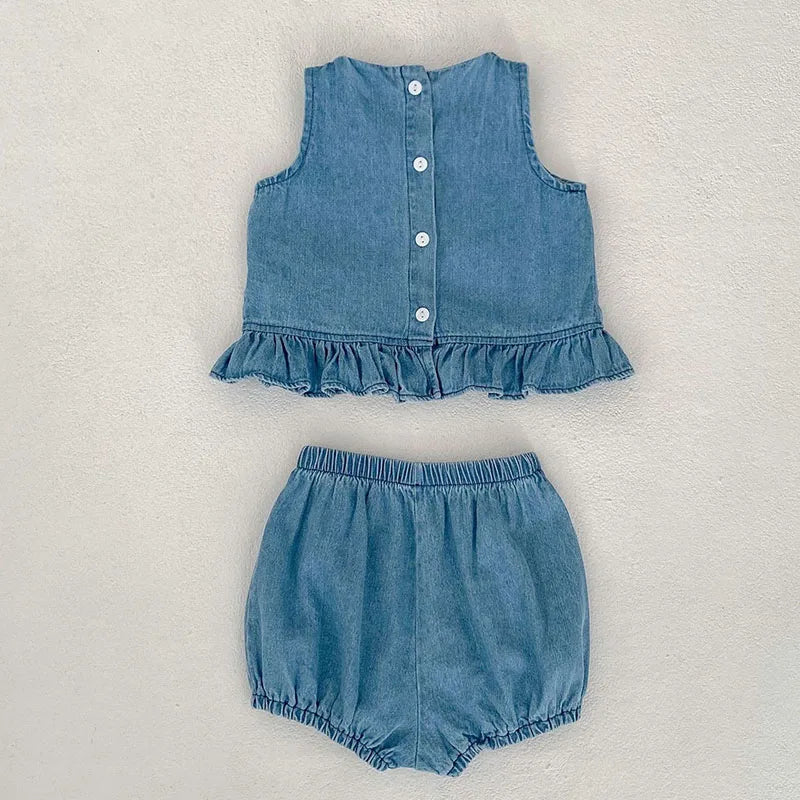Sleeveless Solid Color Denim Cotton Tops and Shorts