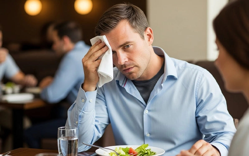 Man wiping forehead during a meal to show how post-meal sweating affects daily life.