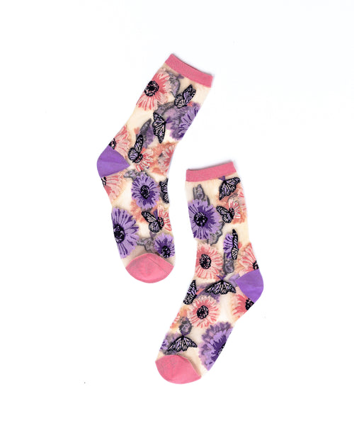 Mixed Sunflowers Black Sheer Crew Sock