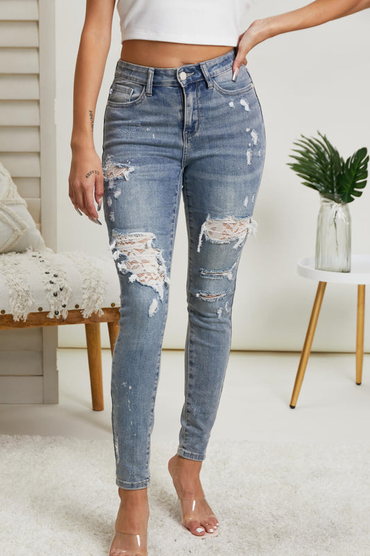 Judy Blue Greta Full Size Destroyed Lace Patch Skinny Jeans