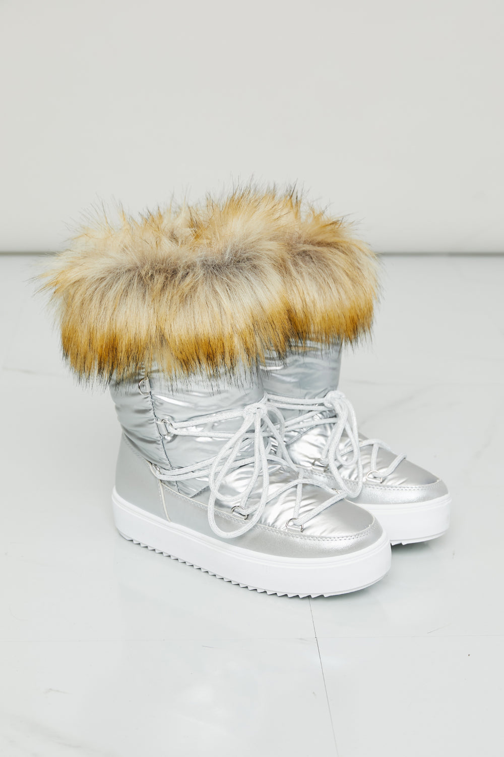 WILD DIVA Lace-Up Faux Fur Platform Snow Boots in Silver