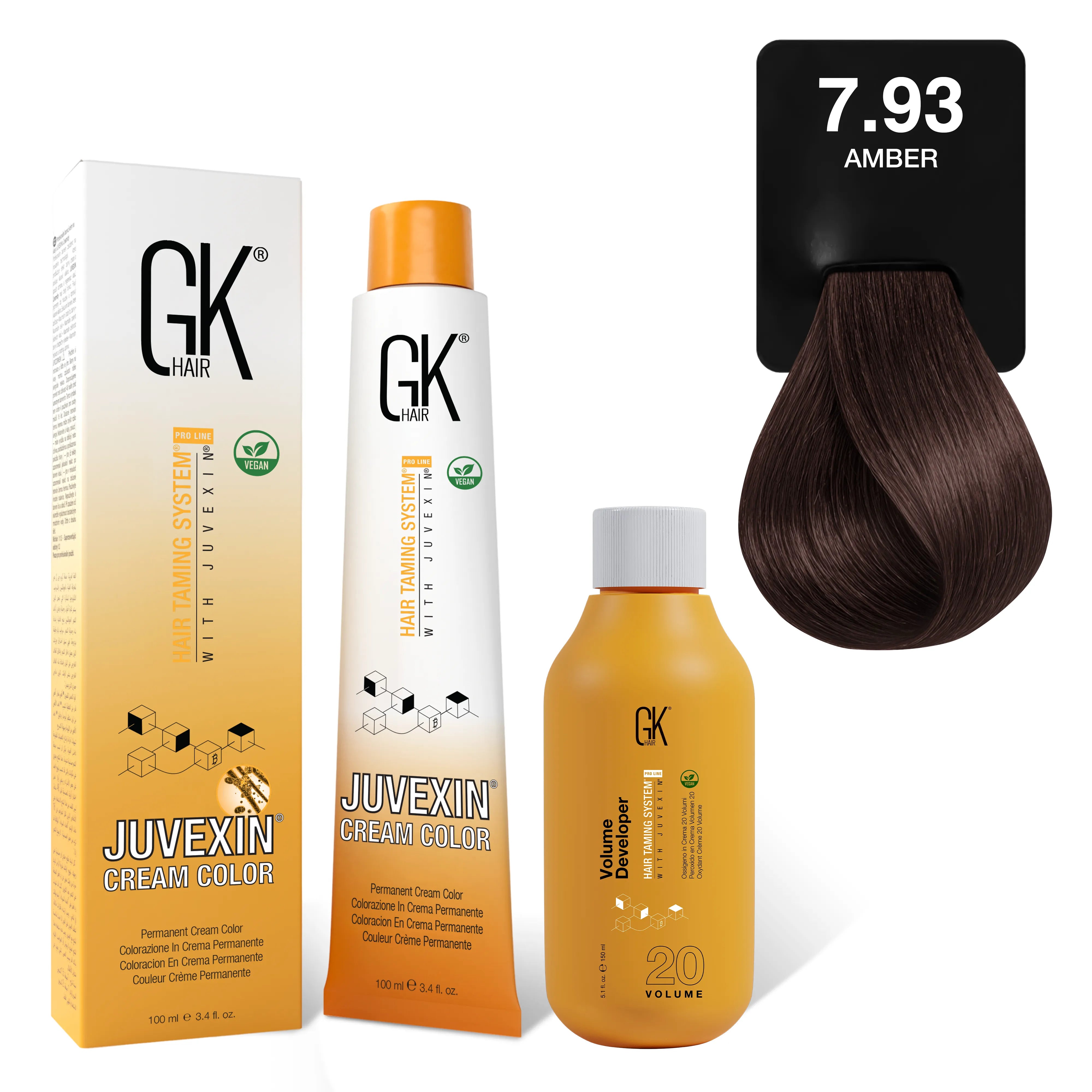 GK Hair's Juvexin 7.93 Amber Cream Color product set including Volume Developer.