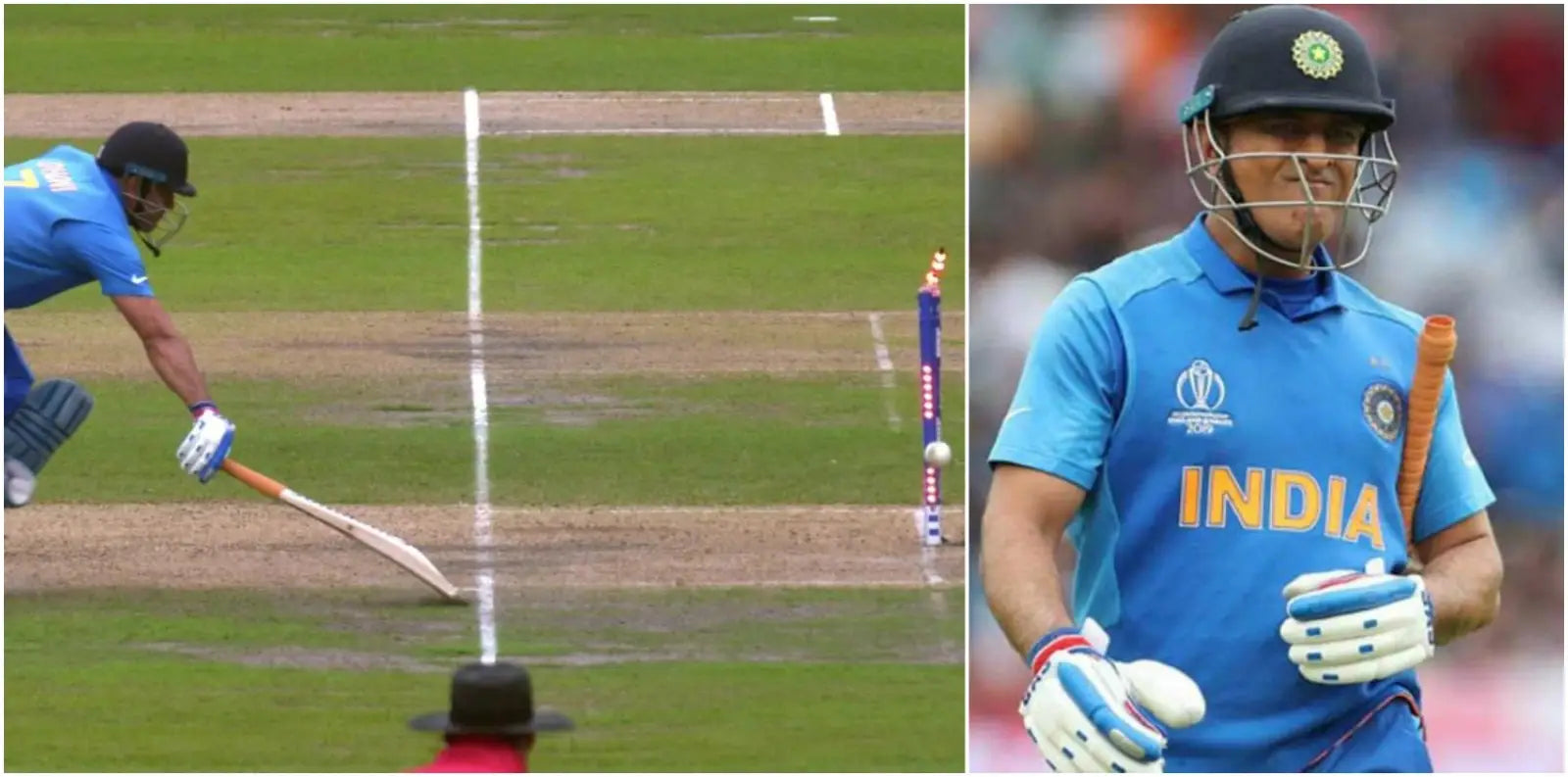An image of the Dhoni run out which broke the hearts of all Indian fans on the left and Dhoni walking towards the pavilion with tears in his eyes on the right