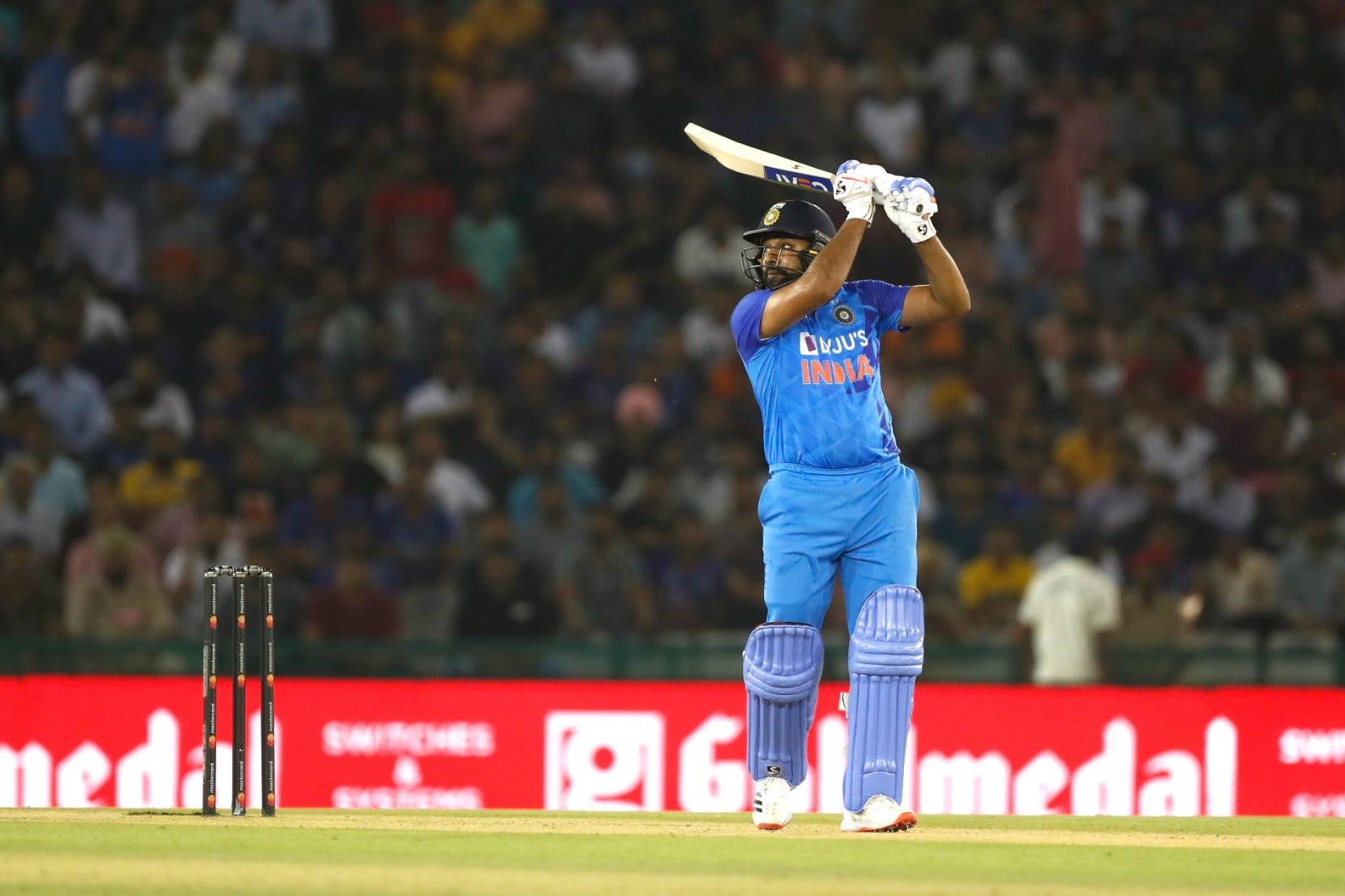 Rohit Sharma hits a ball out of the park in a T20I match for India