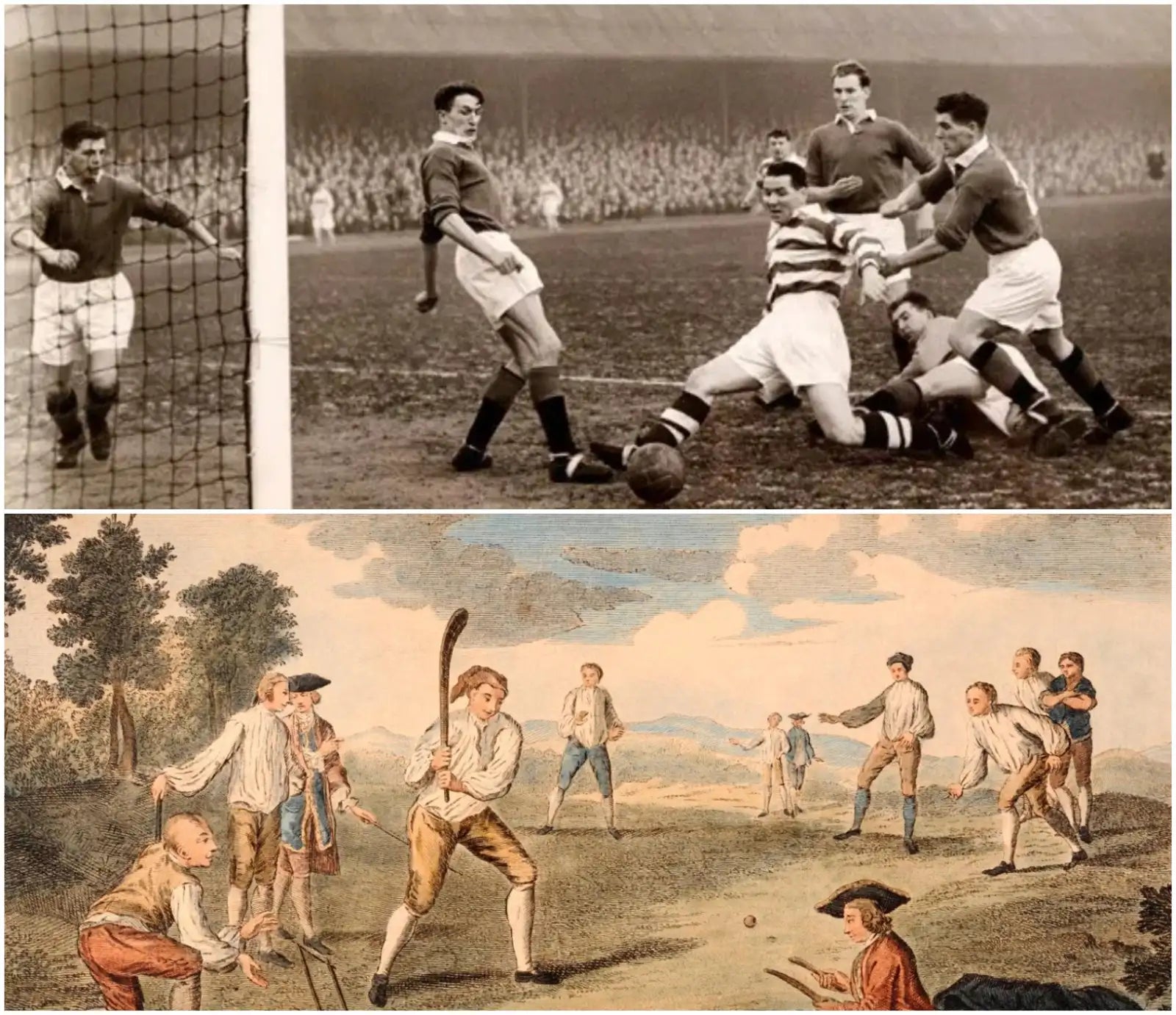 A Collage of two images: A black and white image of players playing football in older times and a drawing illustration of players playing village cricket in older times
