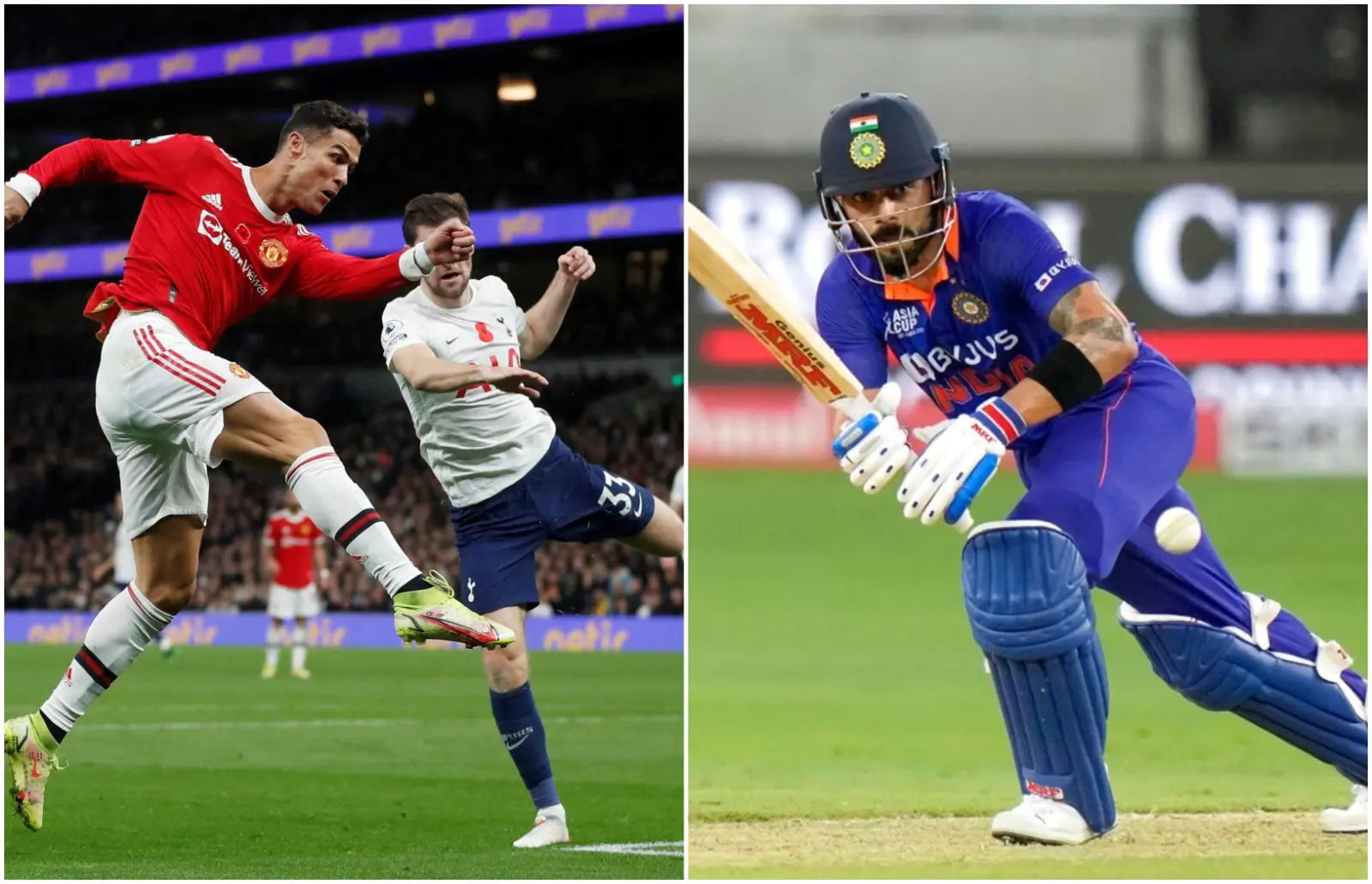 A Collage of Cristiano Ronaldo kicking a football on the left and Virat Kohli playing a cricket shot on the left