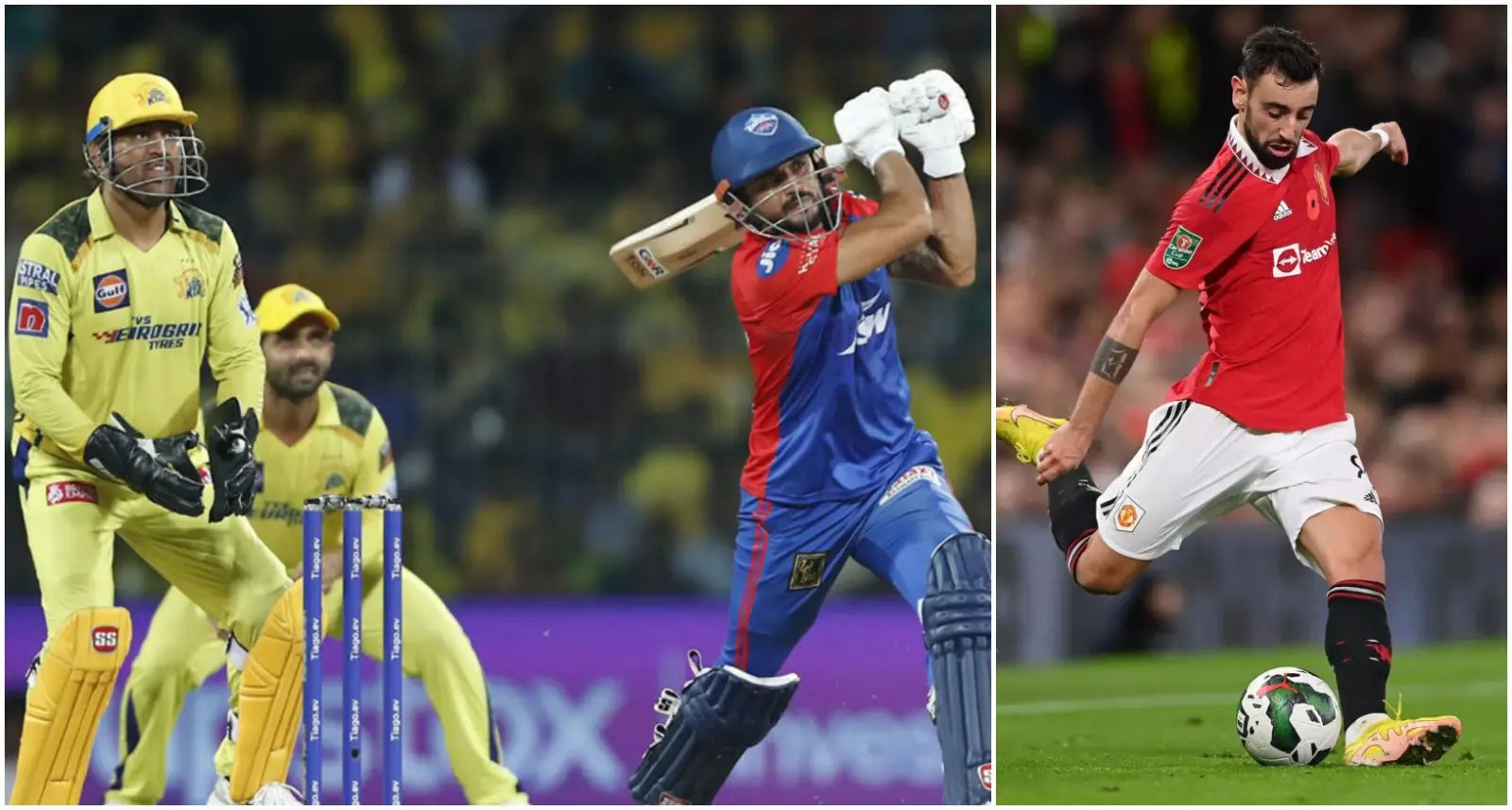 A collage of two images: Manish Pandey plays a shot in an IPL match with MS Dhoni wicket keeping behind the stumps on the left and Bruno Fernandes of Manchester United kicks a ball in a Premier League Match