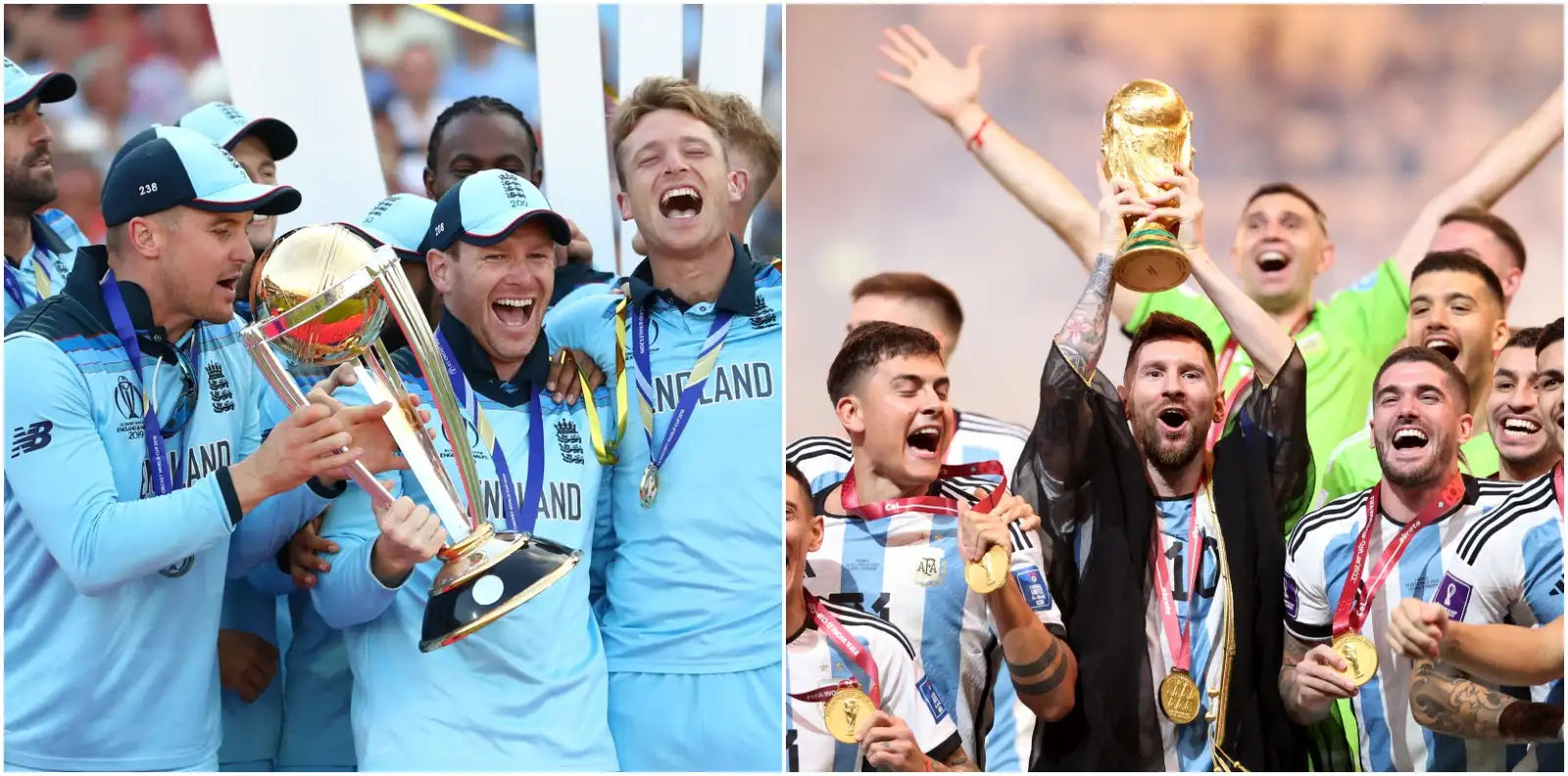 A collage of two pictures: England Cricket Team lifts the ICC Cricket World on the left and Argentina celebrates after winning the FIFA World Cup on the right