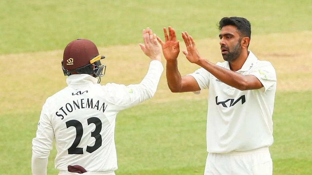 Ravichandran Ashwin celebrates a wicket in a county championship