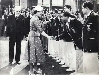 Queen Elizabeth II with members of the Indian team during the Indian tour of England in 1952.