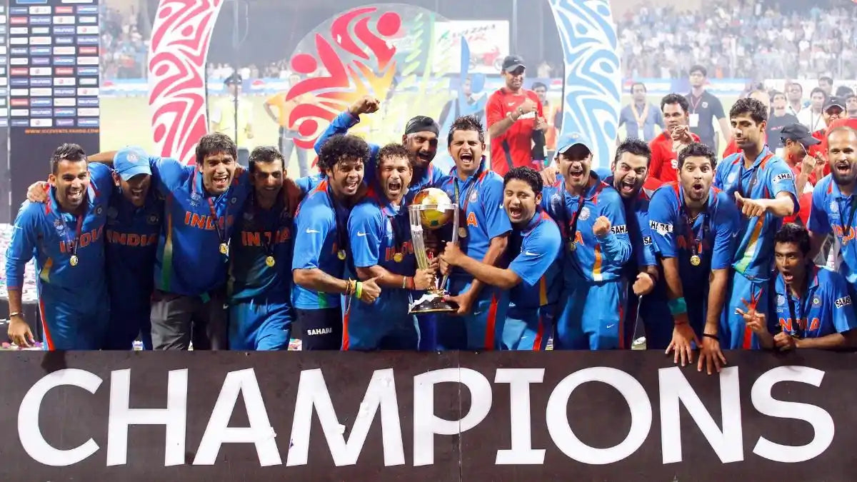 The Indian Cricket Team of 2011 Celebrate with the trophy after winning the 2011 ICC World Cup