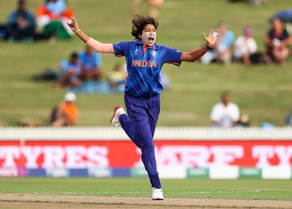 Jhulan Goswami celebrating a wicket after delivering a ball