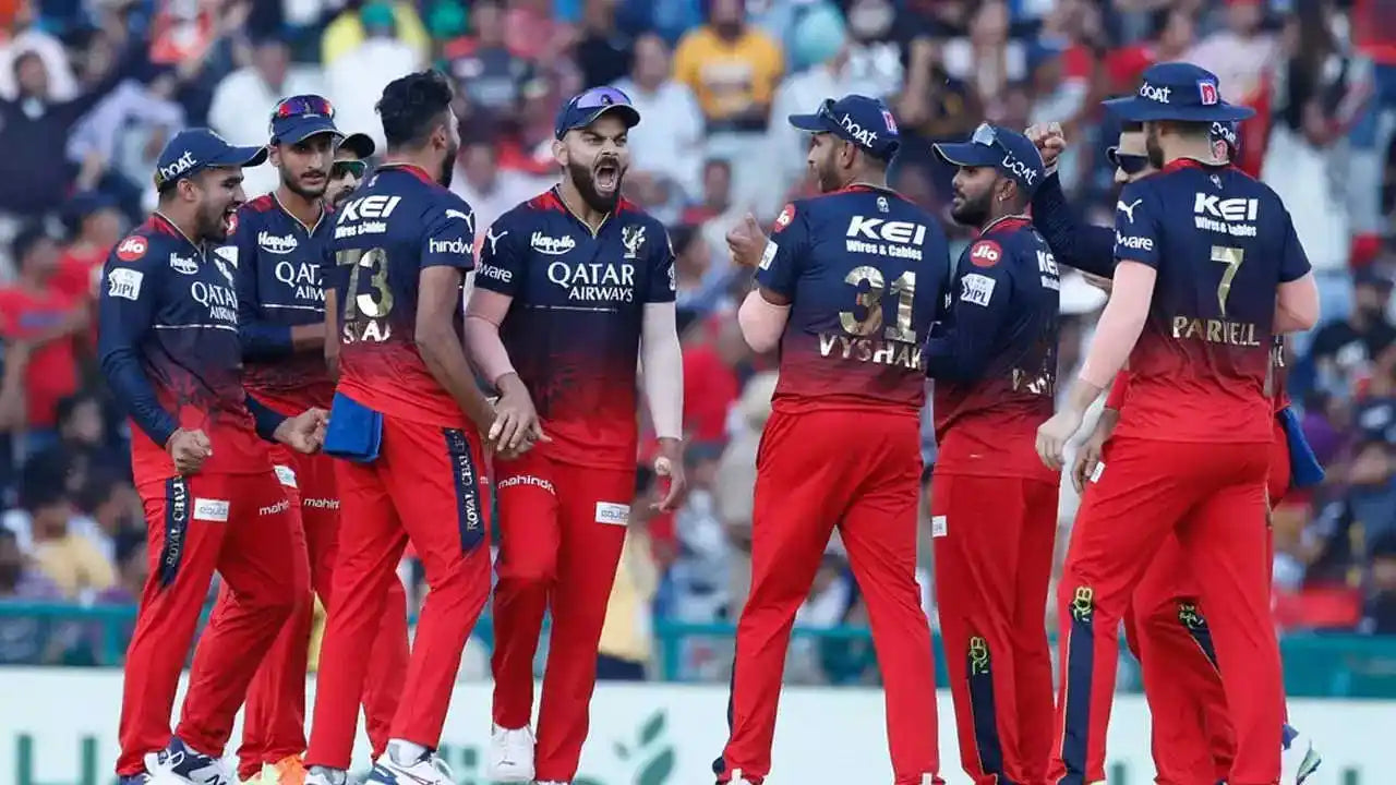 The RCB Team players gather and celebrate a wicket