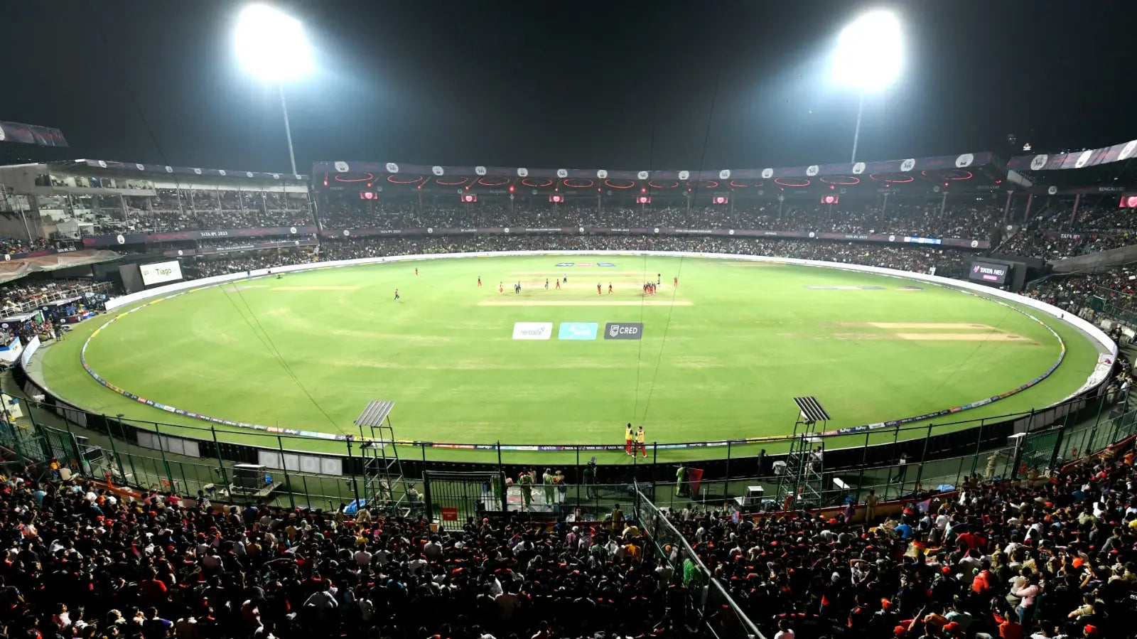 A panoramic photo of the Chinnaswamy Ground - The Homeground of the Royal Challengers Bangalore