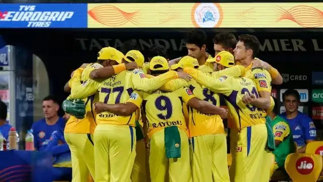 The Chennai Super Kings players in a huddle before a match