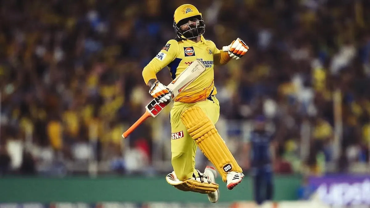 Jadeja Celebrates winning the match with a leap in the air