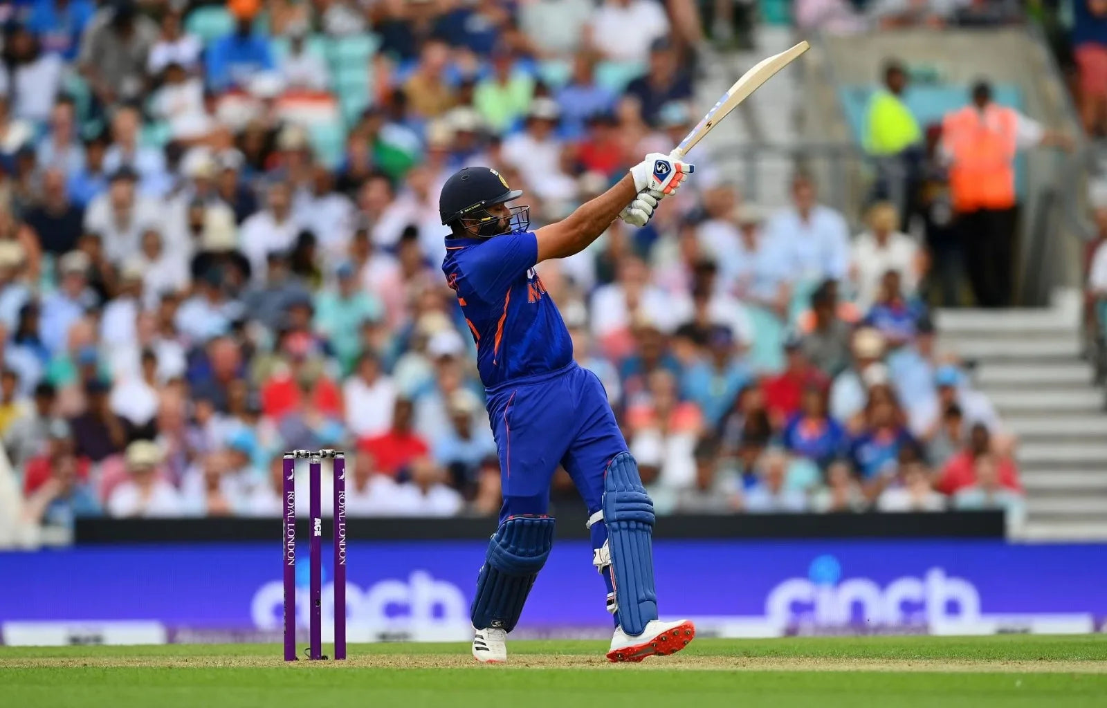 Rohit Sharma plays a pull shot while batting in an ODI for India