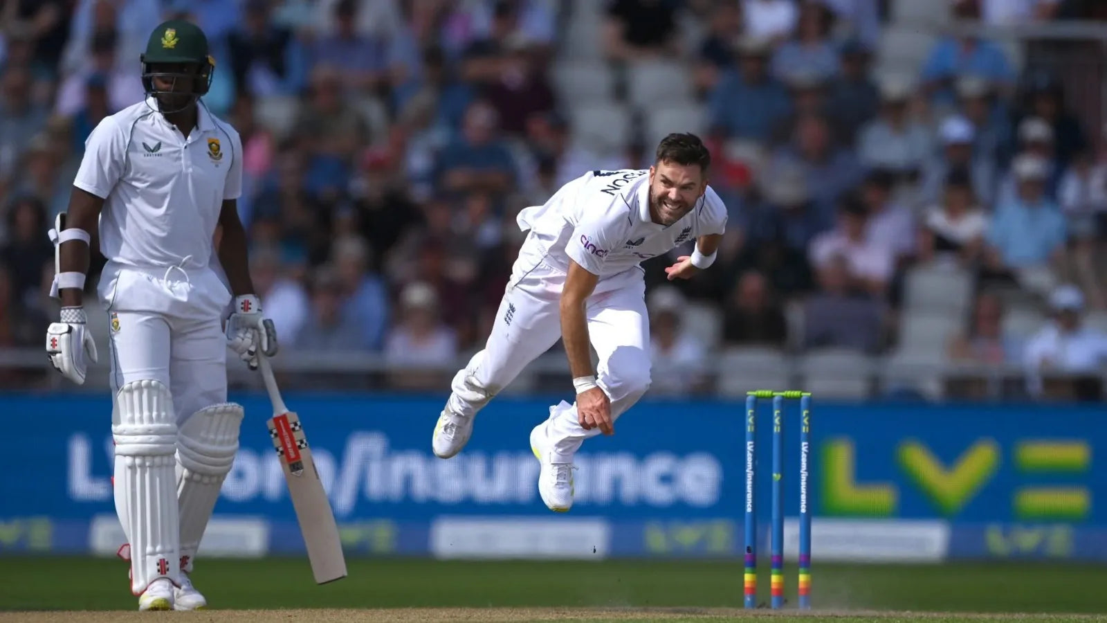 James Anderson does his bowling action before bowling a swing delivery