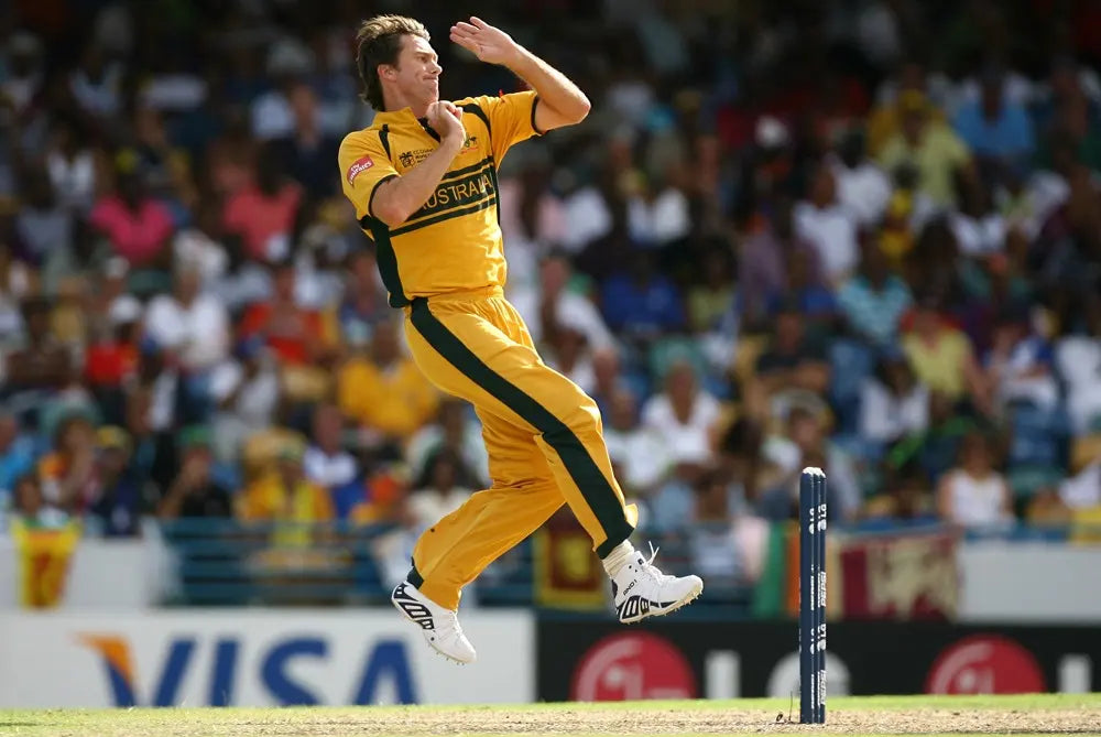 Glenn Mcgrath takes a jump before doing his bowling action and bowling a swinging delivery