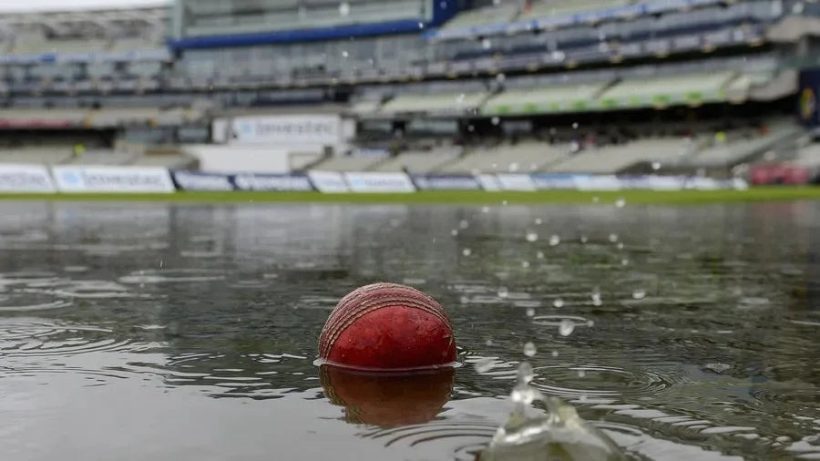 A leather cricket Ball half merged in water