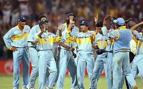 The Indian players in the 1996 Indian Cricket Team jersey