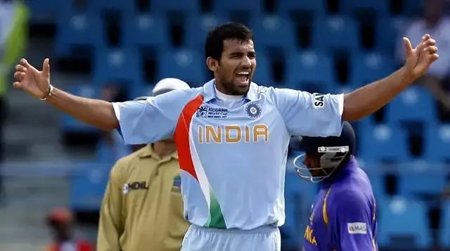 Zaheer Khan celebrates a wicket in the 2007 Indian Cricket Team jersey