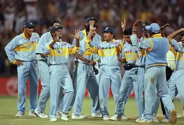 The Indian Cricket Team celebrates their victiory in the 1996 India vs Pakistan Cricket World Cup Match