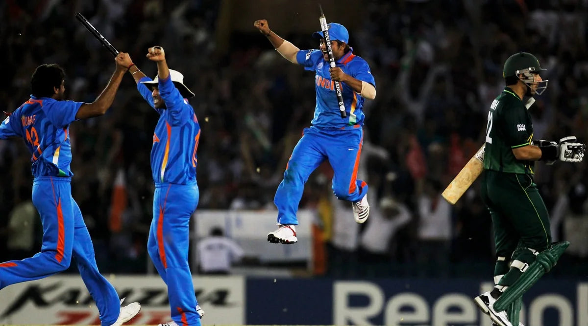 The Indian Cricket Team players celebrate a wicket against Pakistan in the 2011 ICC ODI Cricket World Cup India vs Pakistan match
