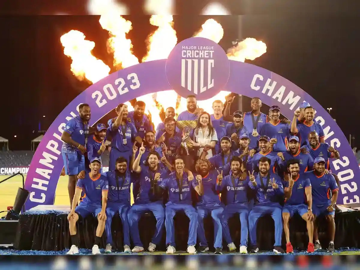 The MI New York team celebrating their victory in the first edition of the Major League Cricket (MLC) T20