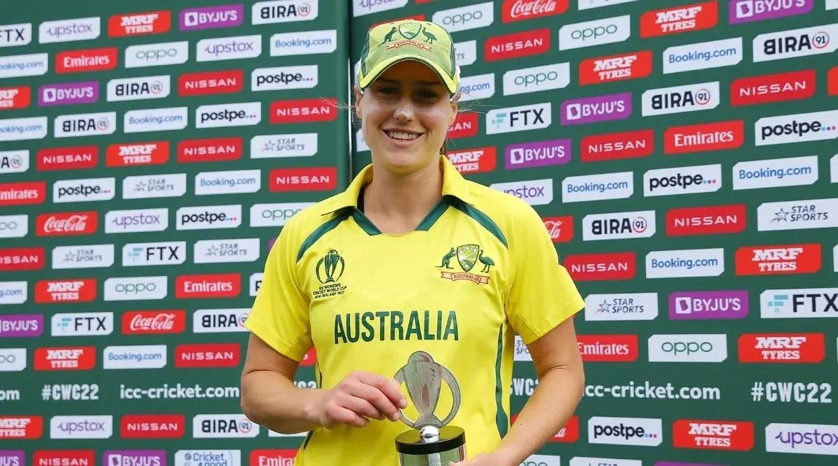Ellyse Perry with her Women's ODI World Cup Man of the match trophy