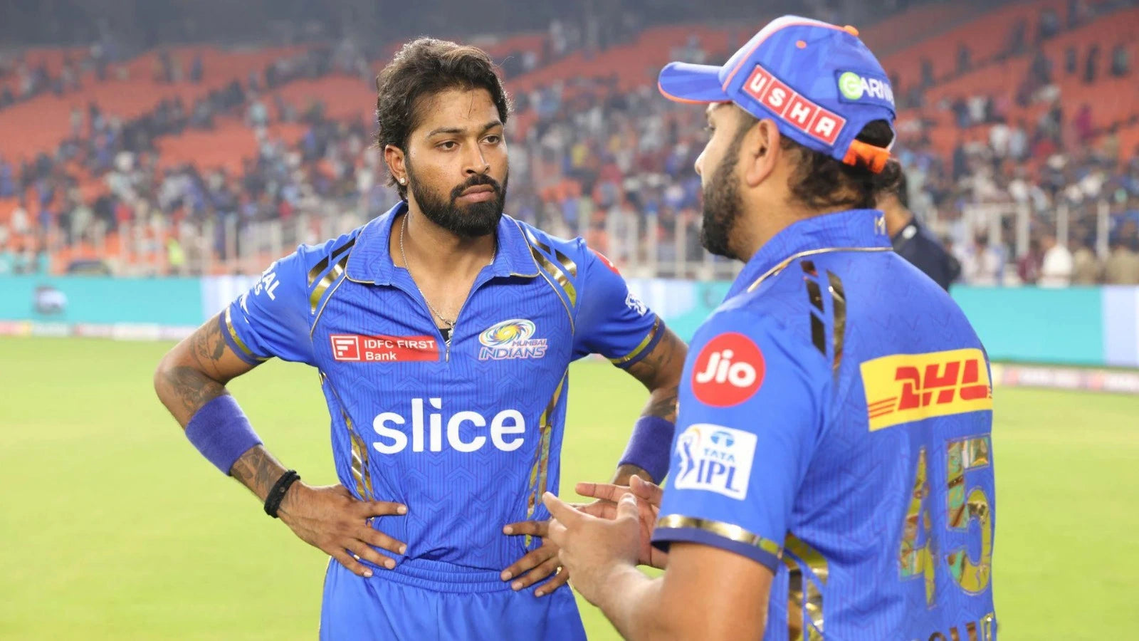 Hardik Pandya and Rohit Sharma having a chat after an IPL match