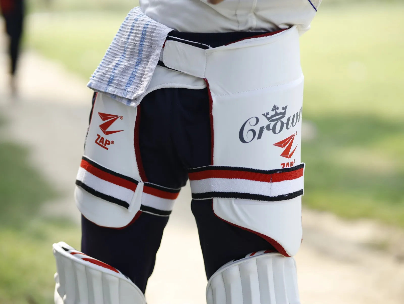 A Cricket Player wearing the ZAP Royal Crown Double Thigh Pads