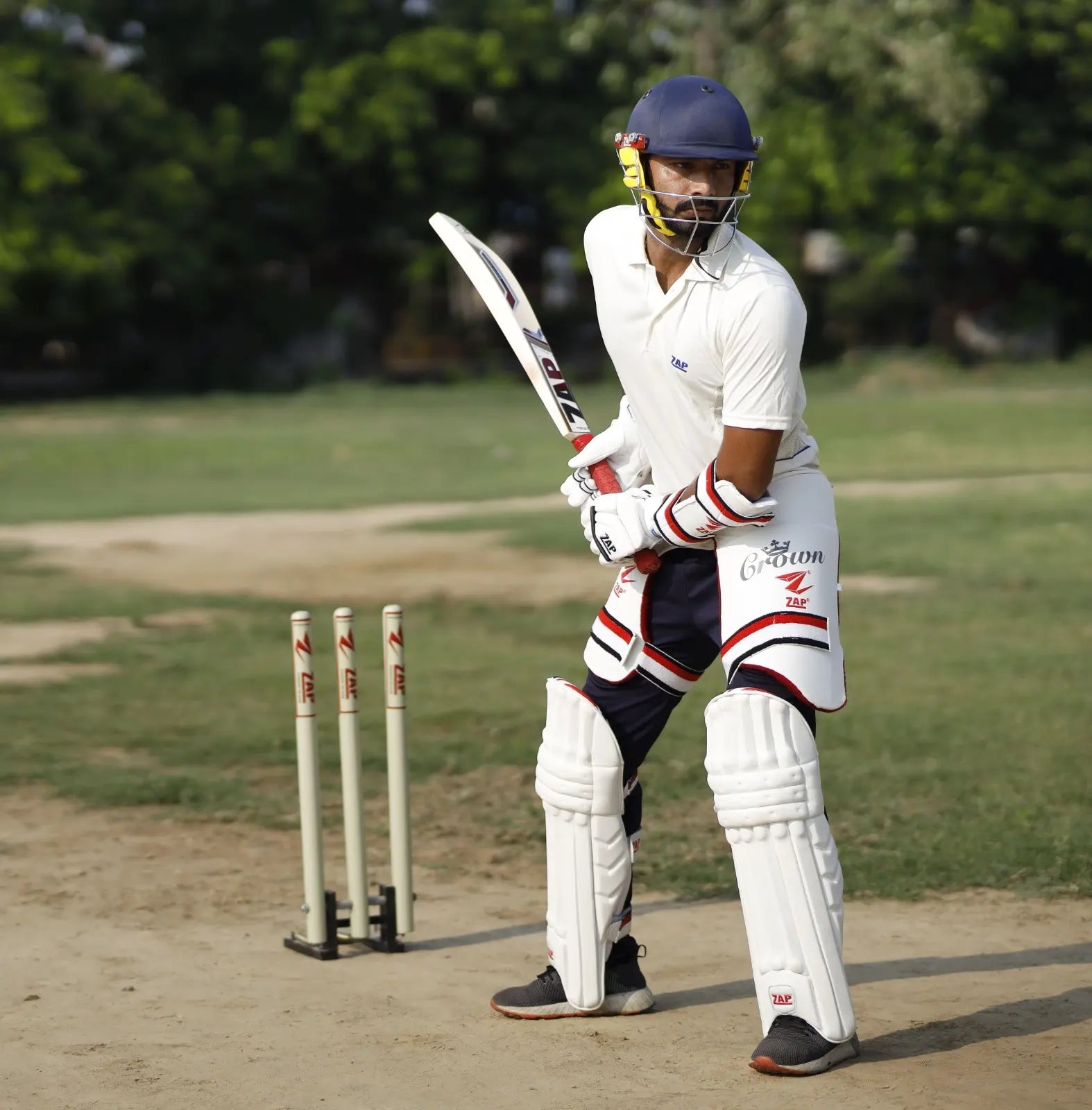 A Cricket player wearing the entire ZAP Cricket Kit