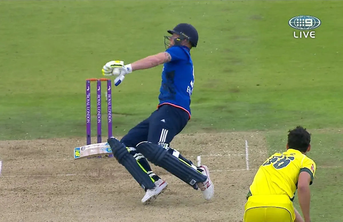 Ben Stokes is given out obstructing the field while stopping a throw from Mitchell Starc aimed at the stumps