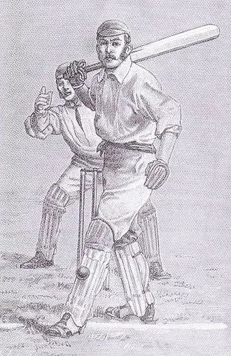 A 1904 illustration from the Badminton Library's Cricket, showing a batsman who is leg before wicket. The original caption was "A clear case" [of lbw].