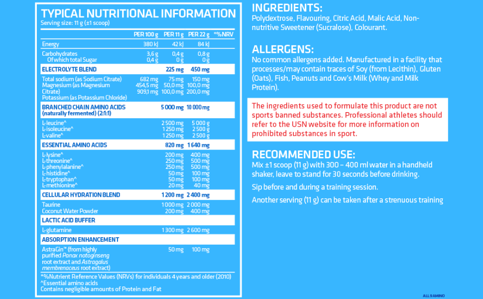 USN All 9 Amino 330g - Nutritional Information