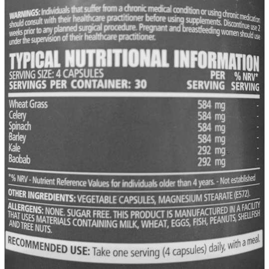 NPL Daily Greens 120 Veggie Caps - Nutritional Information