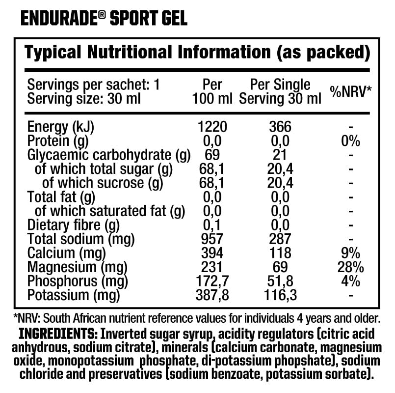 Nutritech Endurade Sport Gel 30ml - Nutritional Information