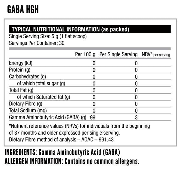 Nutritech GABA GH 150g - Nutritional Information