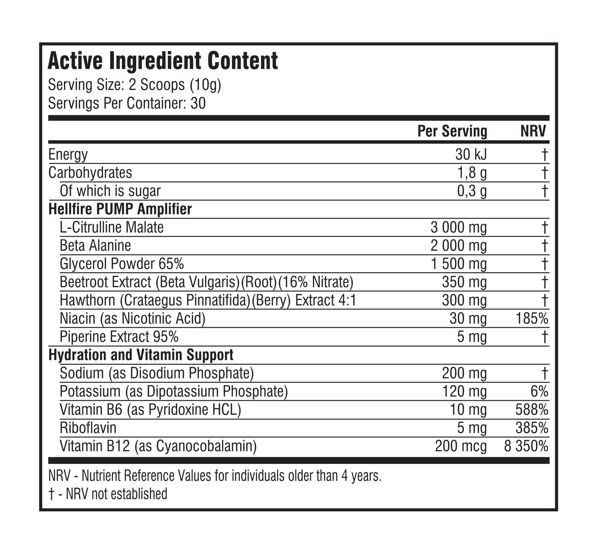 SSA Supplements Hellfire Pump 300g - Nutritional Information