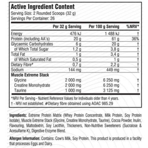 Heavy Nation Muscle Whey 908g - Nutritional Information