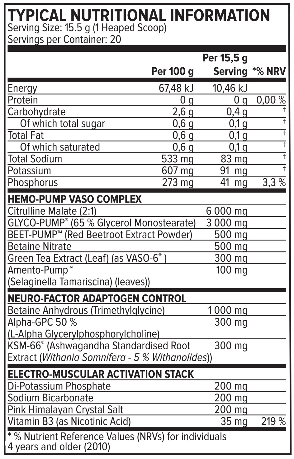 Evolve Neuro-Pump Serum-3 310g - Nutritional Information