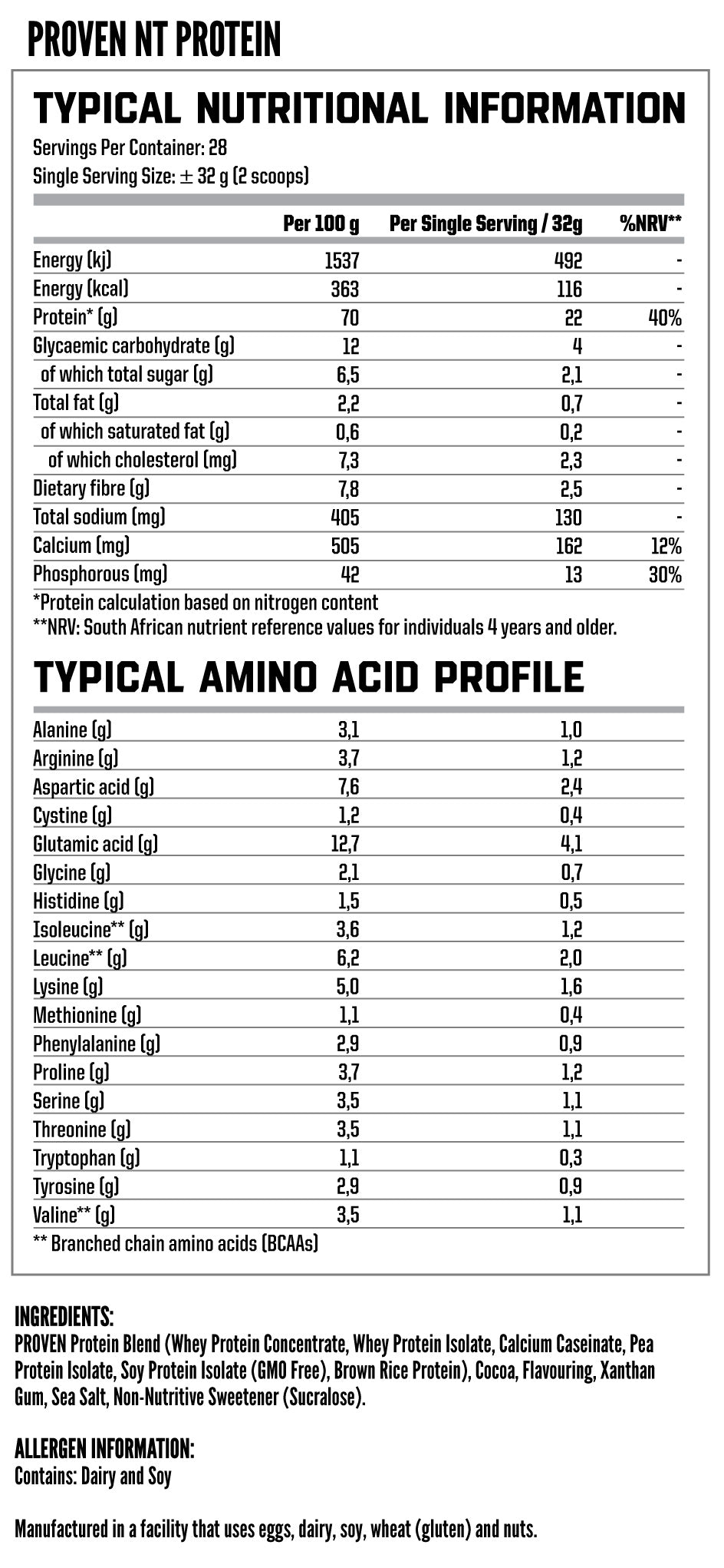 Nutritech Proven NT Protein 908g - Nutritional Information