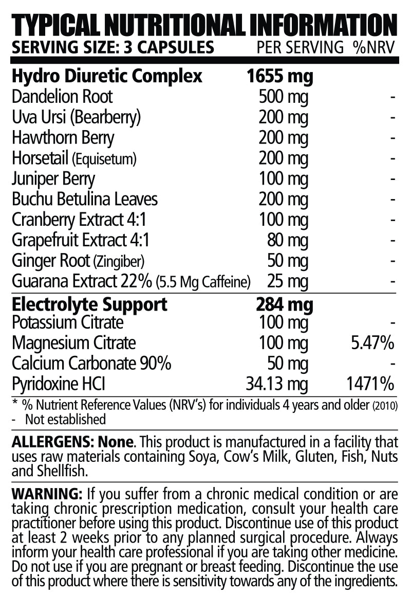 NPL Water Cuts 120 Caps - Nutritional Information
